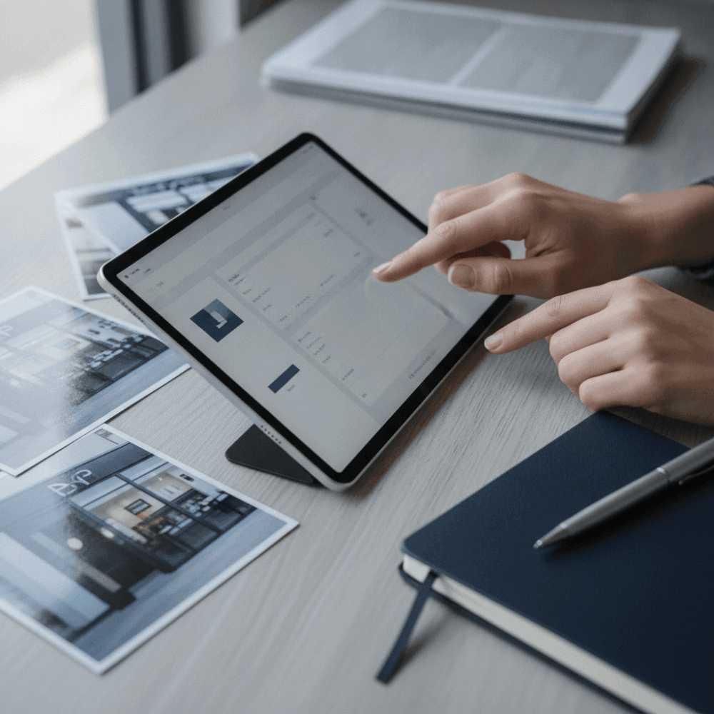 Mains mettant à jour une fiche d'établissement professionnel sur tablette avec photos du commerce