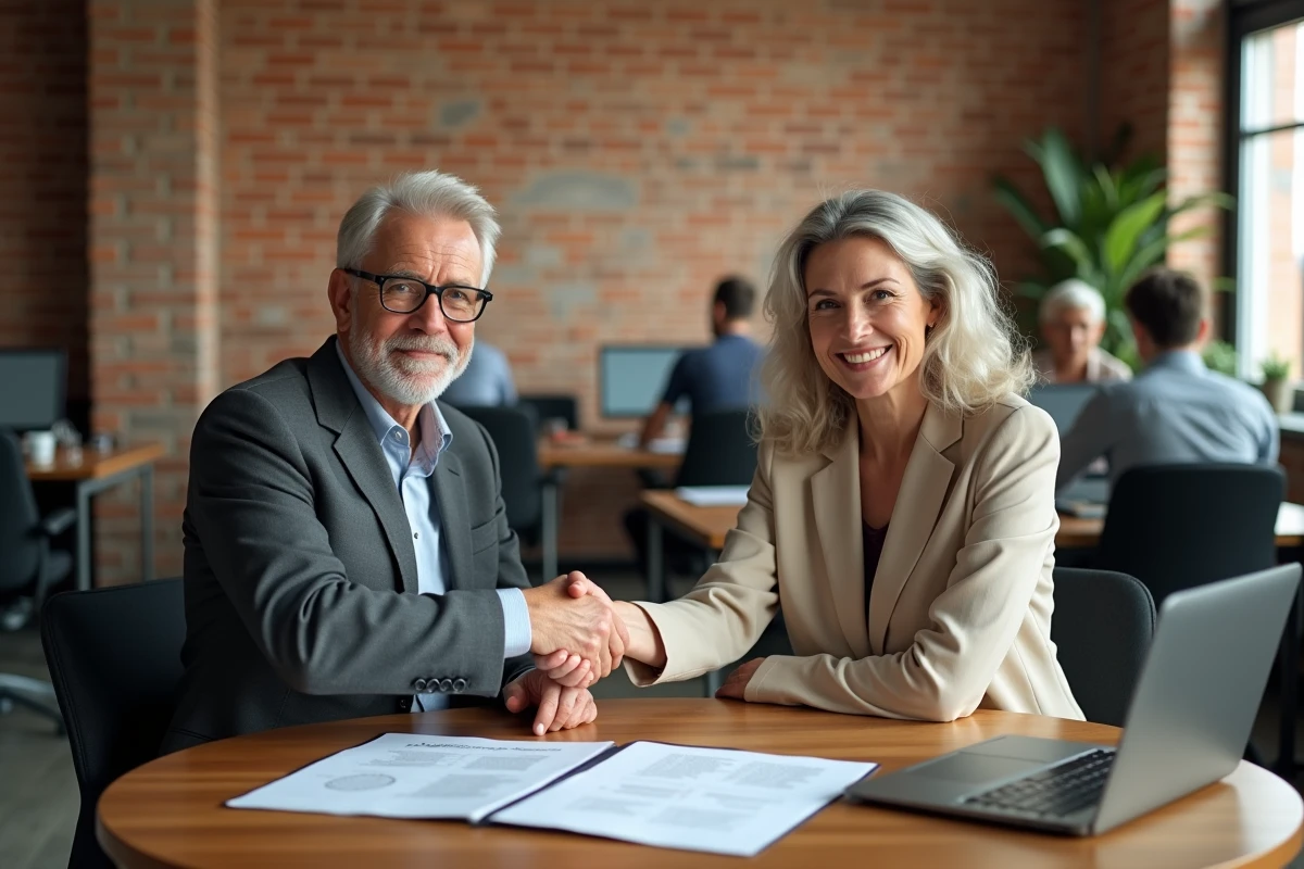 Deux professionnels signant un accord de crédit fournisseur et se serrant la main avec un rapport de crédibilité d'entreprise sur la table dans un espace de coworking