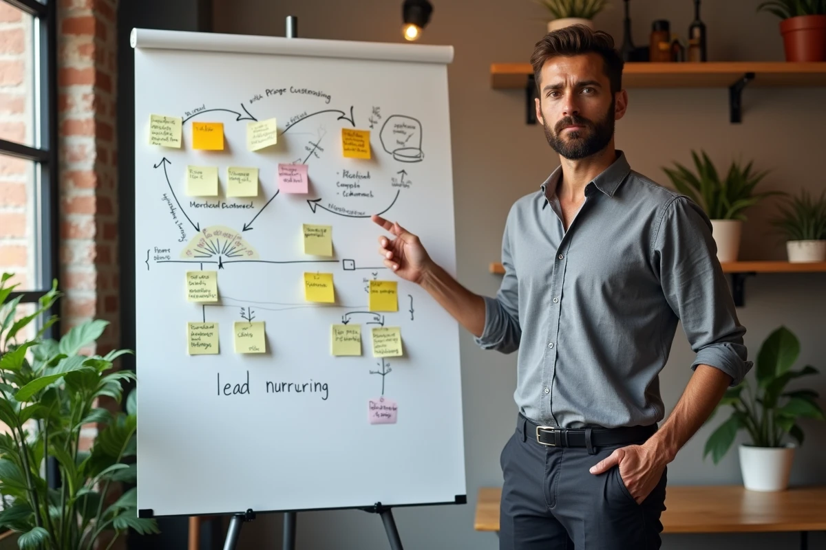 Homme d'affaires pr&eacute;sentant une strat&eacute;gie d'acquisition client sur un tableau blanc dans un espace coworking moderne