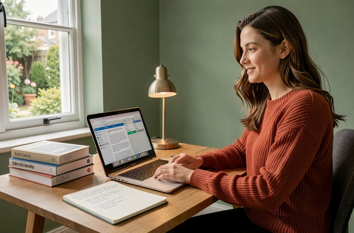 Rédactrice web et spécialiste SEO d'AG Rédaction web travaillant sur un article et une analyse de mots-clés dans un bureau à domicile