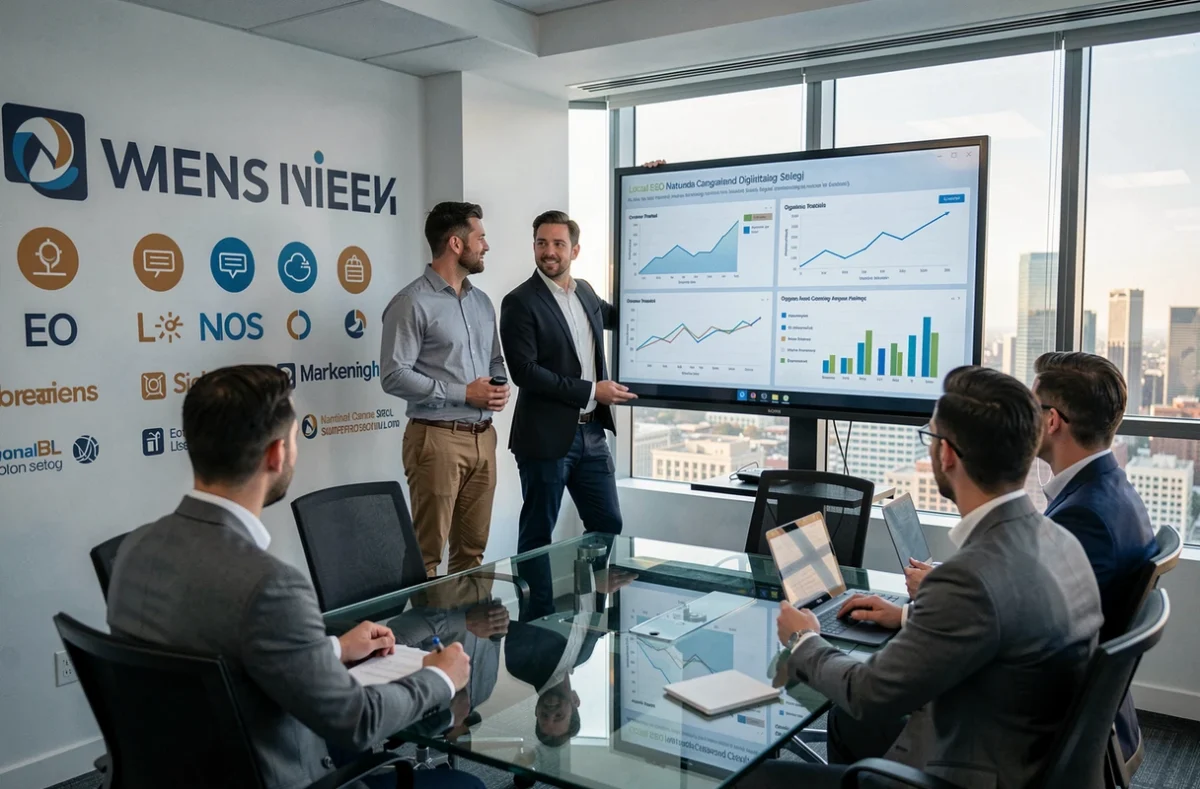 Équipe d'une agence de référencement naturel présentant une stratégie digitale à un client à Lens
