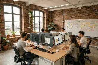 Vue d'ensemble d'une agence de création de sites internet dans la Manche avec des professionnels du web travaillant sur des écrans