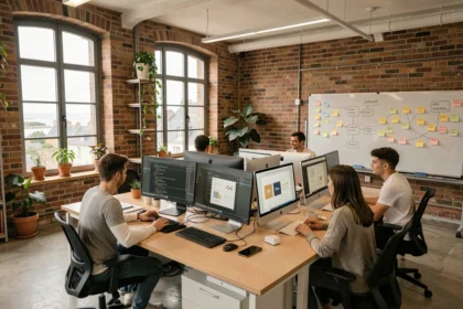 Vue d'ensemble d'une agence de création de sites internet dans la Manche avec des professionnels du web travaillant sur des écrans