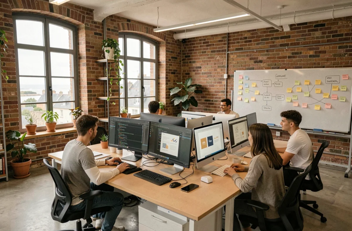 Vue d'ensemble d'une agence de création de sites internet dans la Manche avec des professionnels du web travaillant sur des écrans