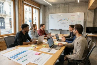 Équipe d'une agence SEO en réunion dans un bureau moderne à Bourges, avec des rapports de référencement et des graphiques sur tableau blanc