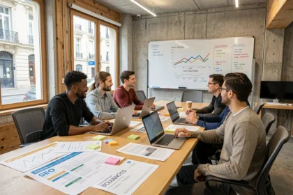 Équipe d'une agence SEO en réunion dans un bureau moderne à Bourges, avec des rapports de référencement et des graphiques sur tableau blanc
