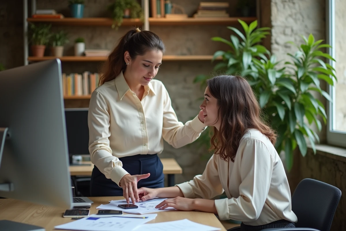 Jeune agente municipale expliquant un tableau de bord