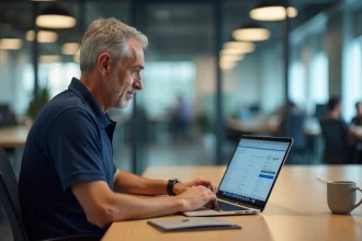 Agent RATP connecté à son espace CSE2 sur un ordinateur portable au bureau