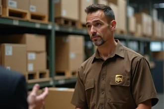 Agent UPS en uniforme marron au comptoir d'accueil du centre de Corbeil-Essonnes, répondant aux questions d'un client