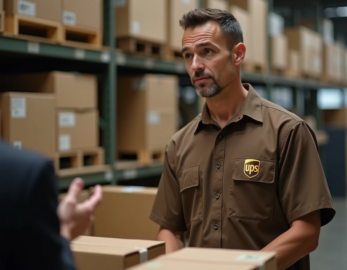 Agent UPS en uniforme marron au comptoir d'accueil du centre de Corbeil-Essonnes, répondant aux questions d'un client