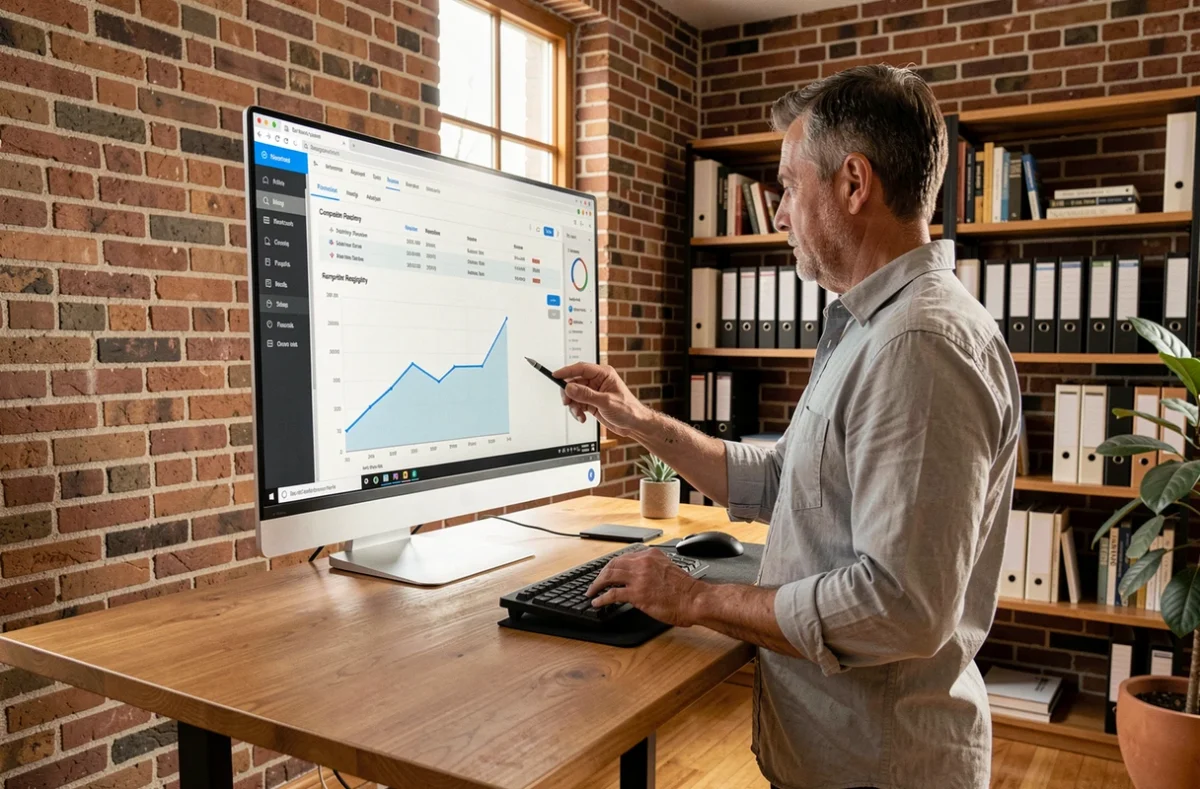 Entrepreneur consultant analysant des données d'entreprises sur un grand écran dans un bureau à domicile épuré