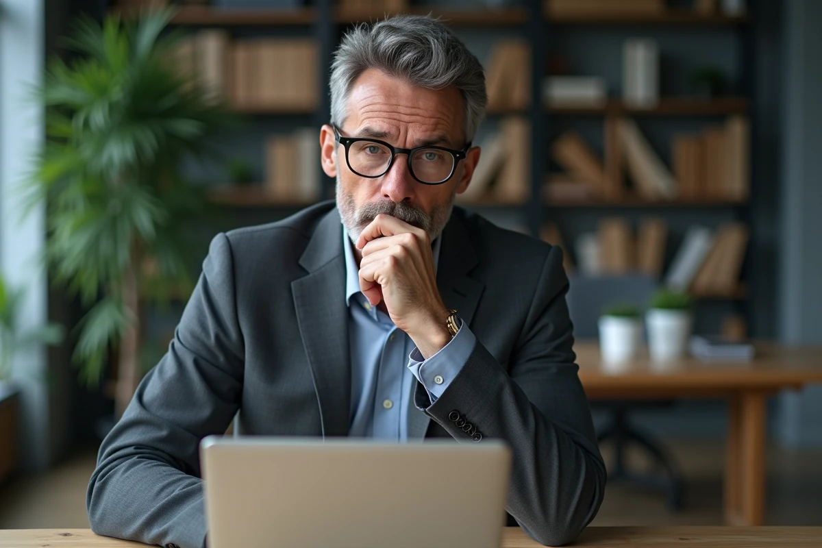 Homme d'affaires analysant le coût d'une plateforme de networking B2B en ligne sur son ordinateur portable au bureau