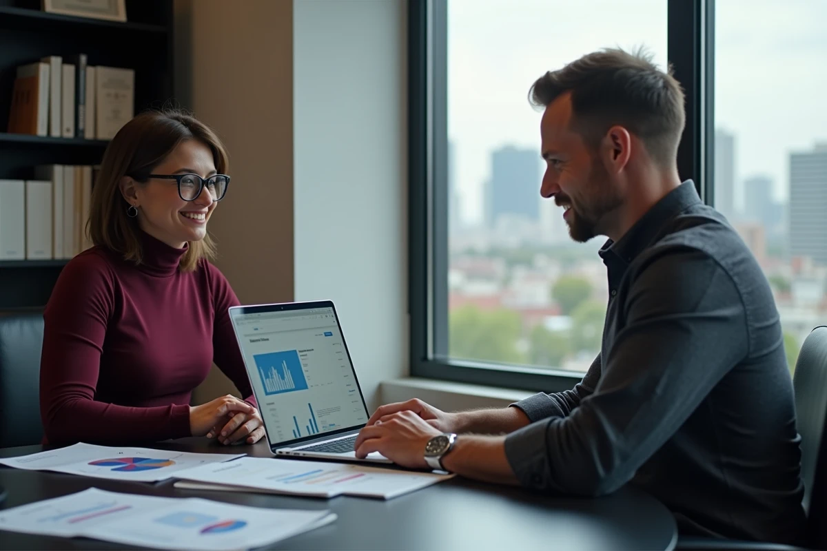 Deux professionnels du marketing analysant ensemble les performances d'une plateforme de rapprochement commercial sur ordinateur portable