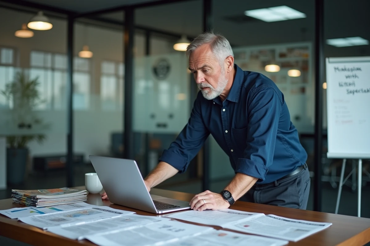 Cadre en chemise bleue analysant des rapports de presse imprimés et un tableau de bord de veille médiatique sur un bureau debout dans un bureau vitré