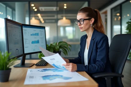 Femme analyste consultant des indicateurs économiques territoriaux sur des cartes et tableaux de bord dans un bureau moderne