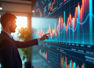 Professionnel d'affaires analysant graphiques de croissance et KPI