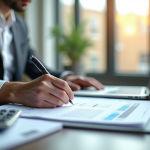 Professionnel financier examinant des documents dans un bureau lumineux