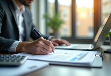 Professionnel financier examinant des documents dans un bureau lumineux