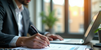 Professionnel financier examinant des documents dans un bureau lumineux