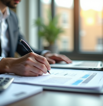 Professionnel financier examinant des documents dans un bureau lumineux