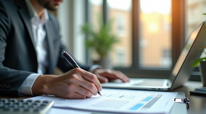Professionnel financier examinant des documents dans un bureau lumineux