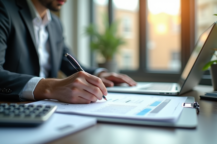 analyste-financier-bureau Professionnel financier examinant des documents dans un bureau lumineux