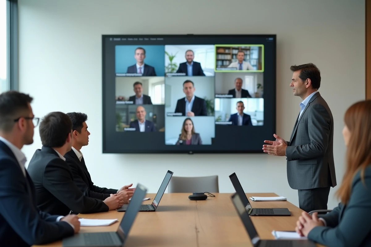 Animateur présentant un événement networking B2B hybride combinant participants en ligne et en présentiel