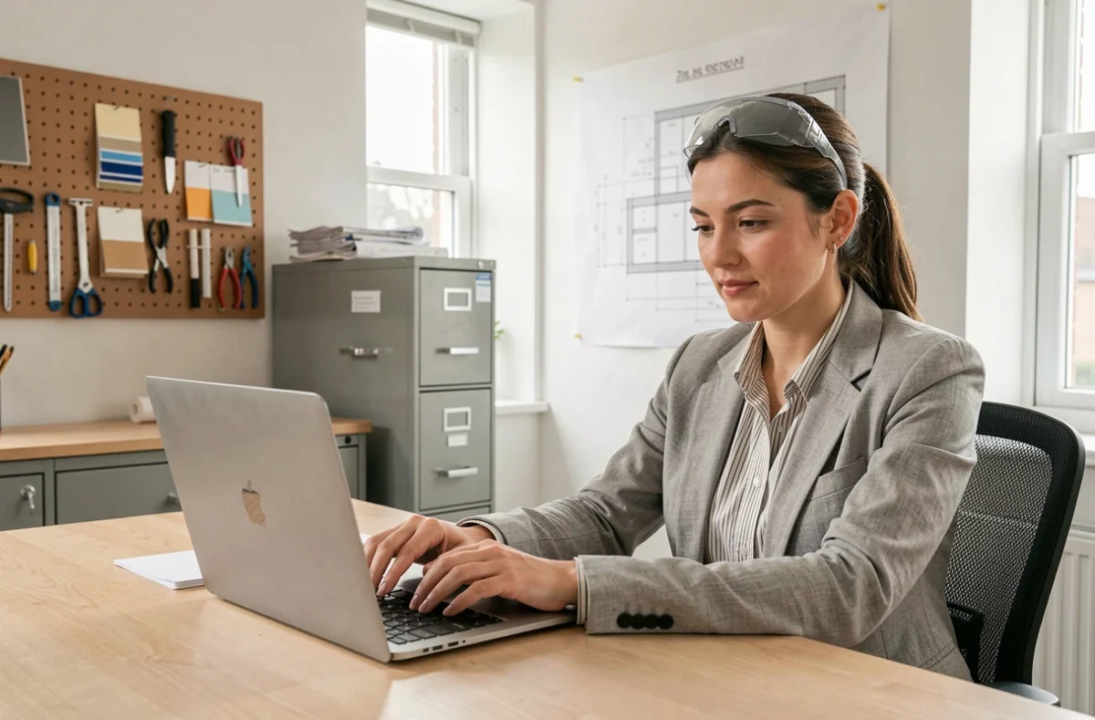 Architecte féminine préparant un devis de travaux sur ordinateur dans un bureau professionnel