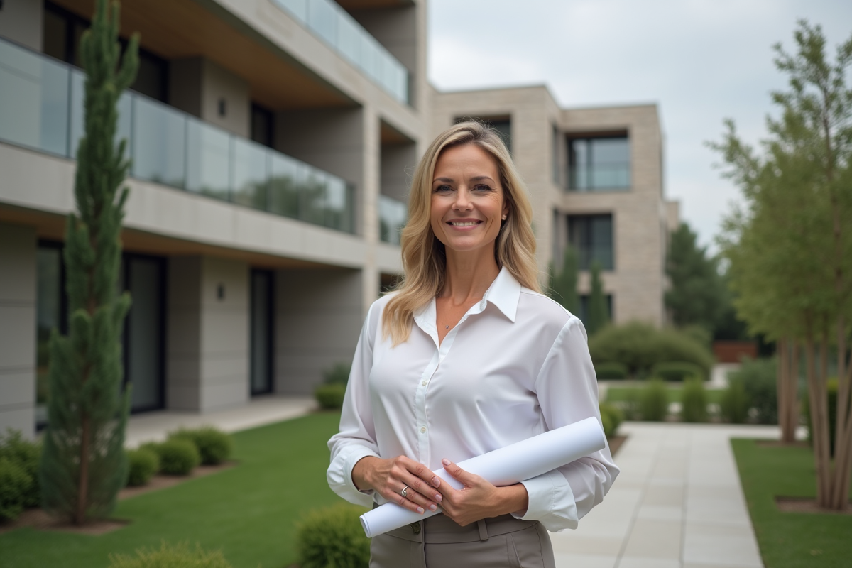 Femme architecte avec plans devant immeuble luxe