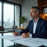 Architecte homme en costume bleu dans un bureau moderne