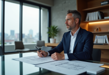 Architecte homme en costume bleu dans un bureau moderne