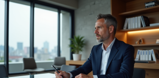 Architecte homme en costume bleu dans un bureau moderne