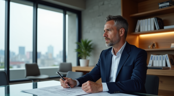 Architecte homme en costume bleu dans un bureau moderne