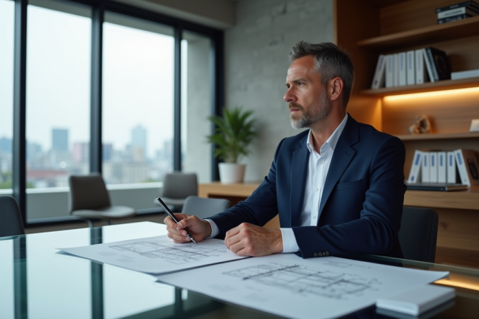 Architecte homme en costume bleu dans un bureau moderne