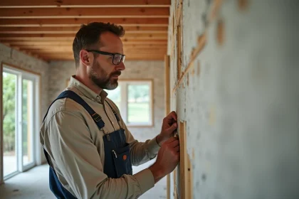 Artisan en travaux isolant un mur dans une maison rénovée