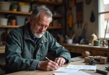 Artisan français concentré à organiser ses papiers dans son atelier