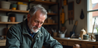 Artisan français concentré à organiser ses papiers dans son atelier