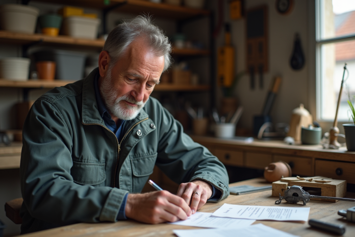 Artisan français concentré à organiser ses papiers dans son atelier