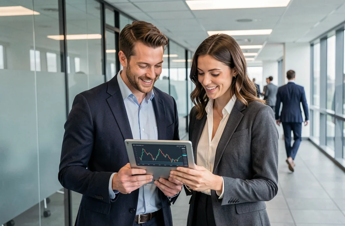 Deux associés entrepreneurs examinant des graphiques de financement sur une tablette dans un couloir de bureau moderne