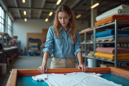 Jeune femme positionne un t-shirt dans un atelier textile