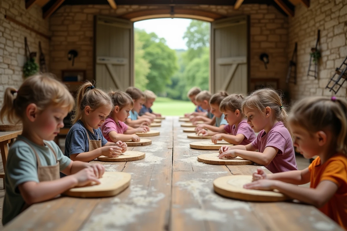 Enfants participant à un atelier de fabrication de pain lors d'une sortie scolaire à la Ferme du Fays