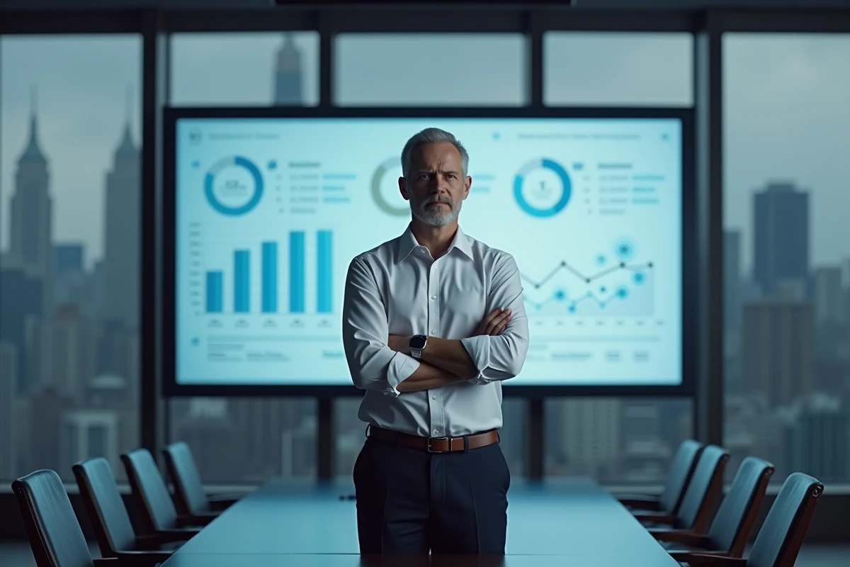 Cadre supérieur d'un cabinet d'audit Big 4 face à un écran présentant une analyse financière générée par intelligence artificielle en salle de réunion