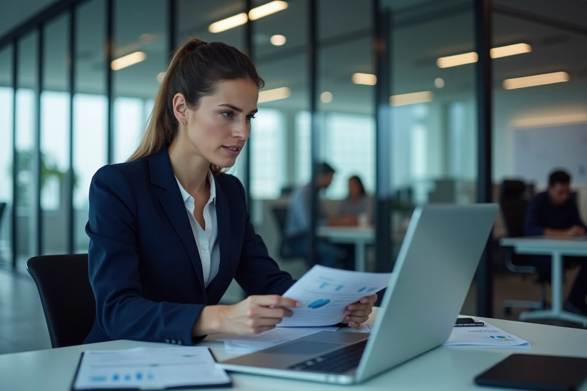 Auditrice professionnelle des Big 4 analysant des données financières avec un outil d'intelligence artificielle sur son écran d'ordinateur dans un bureau moderne