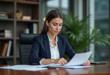 Avocate d'affaires en bureau moderne avec documents