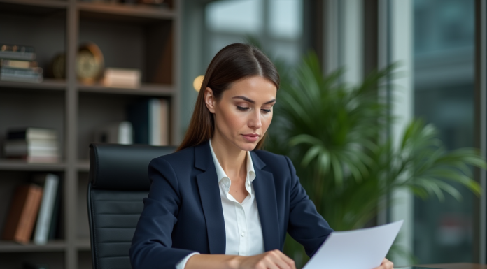 Avocate d'affaires en bureau moderne avec documents