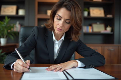Femme d'affaires relisant des documents juridiques dans un bureau