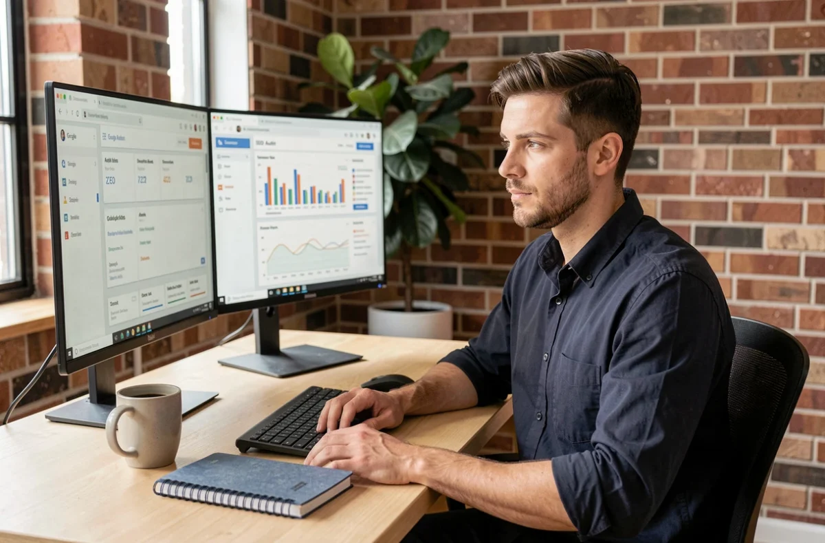 Consultant SEO BetterCallChris travaillant sur des tableaux de bord d'audit SEO dans un bureau moderne