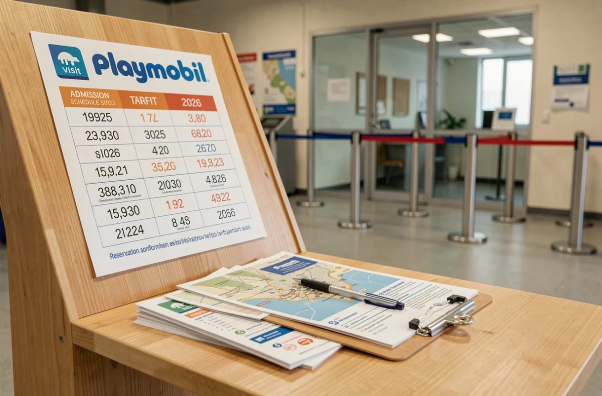 Borne d'information avec tarifs et horaires de visite de l'usine Playmobil en 2026