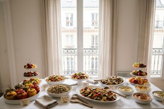 Buffet végétarien livré par un traiteur parisien avec légumes rôtis, salades colorées et houmous présentés sur une table dressée dans un appartement haussmannien
