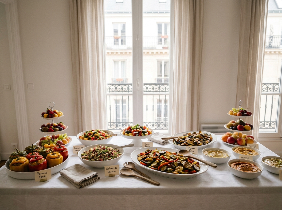 Buffet végétarien livré par un traiteur parisien avec légumes rôtis, salades colorées et houmous présentés sur une table dressée dans un appartement haussmannien